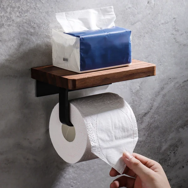 Toilet Paper Holder with Natural Walnut Wooden Shelf Tissue Roll Hanger Wall Mounted Paper Towel Bar 304 Stainless Steel Paper - Image 2