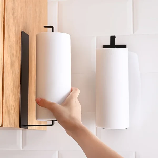 Kitchen Carbon Steel Paper Towel Holder No Punch Cabinet Paper Shelf Household Roll Paper Hanger Plastic Wrap Rag Storage Rack - Image 2