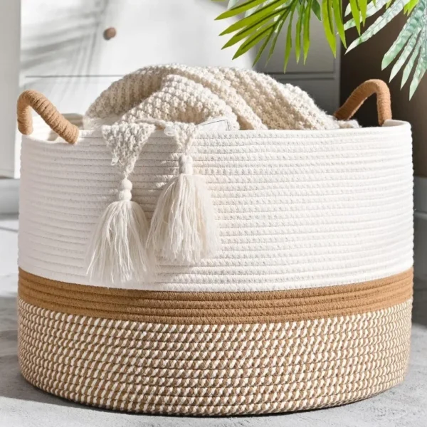 New Eco Friendly Products Cotton Rope Woven Blanket Basket for Baby Laundry Basket Cotton Rope Living Room Storage Basket