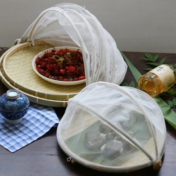 Bamboo Woven Basket Anti-Mosquito Net Fruit Vegetable Basket Dustpan Tent Basket Tray Portable Outdoor Picnic Mesh Net Cover - Image 2