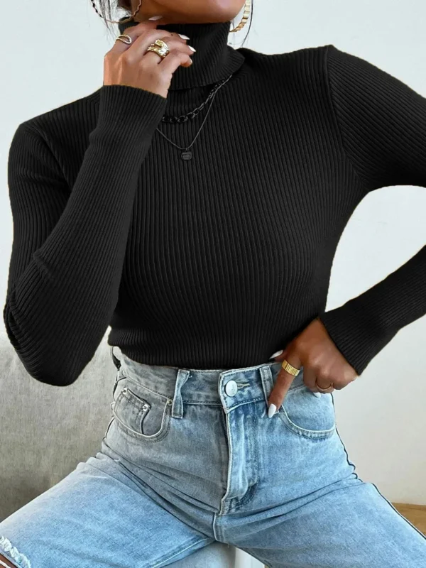 2024 Autumn Winter Women Knit Solid Turtleneck Pull Sweater Casual Rib Jumper Tops Female Home Pullover Y2K Clothing - Image 3