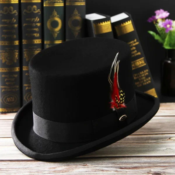 2023 Men Hat 100% Wool Fedora Hat Unisex Top Show Gentleman Bowler Hat Black Red Magic Hat Presidential Hat Feather Accessories - Image 2