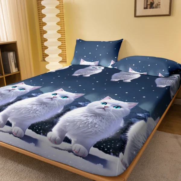 1 piece of blue eyed white cat patterned matte bedsheet, bedroom printed bedspread, bedding (excluding pillowcases)