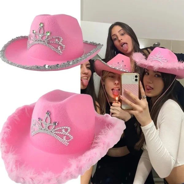 Pink Cowboy Hats for Women Girls Wide Brim Western Hats Y2K Glitter Crown Sequin Feather Caps Cowgirl Party Costume Accessories - Image 2