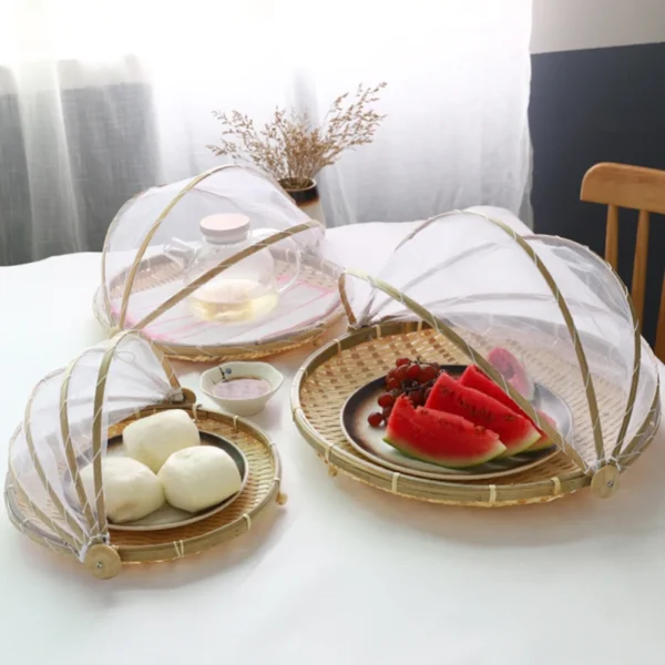 Bamboo Woven Basket Anti-Mosquito Net Fruit Vegetable Basket Dustpan Tent Basket Tray Portable Outdoor Picnic Mesh Net Cover - Image 2