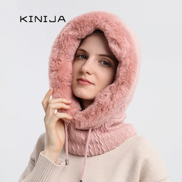 Winter Fur Cap Mask Set Hooded for Women Knitted Cashmere Neck Warm Balaclava Ski Windproof Hat Thick Plush Fluffy Beanies hood - Image 6