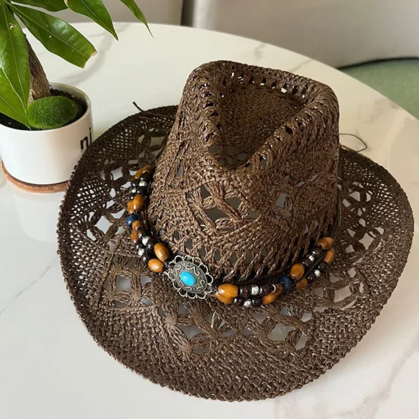 Vintage Summer Beach Bohemian Straw Hat Shell Women Men Western Cowboy Hats Wooden Beads Hollow Out Sun Hat Holiday Cap - Image 4