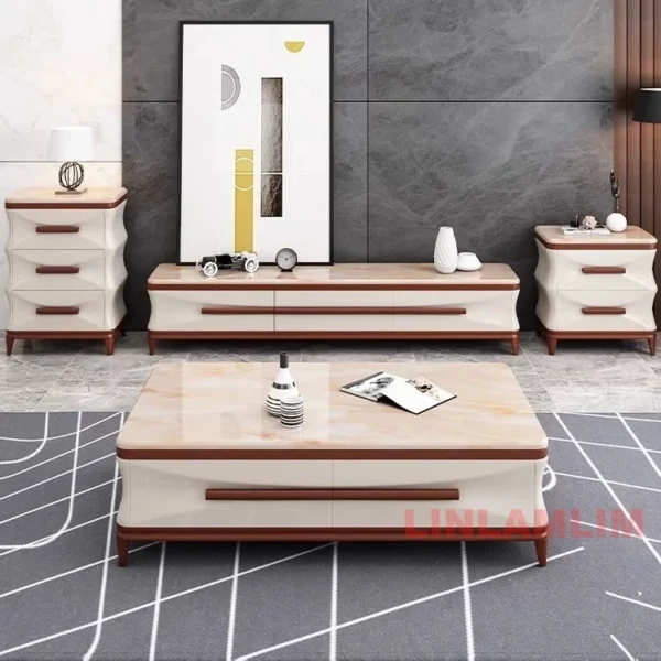 MANBAS Modern Luxury Living Room Furniture Set - Coffee Table, TV Stand, and Side Cabinets with Marble Finish and Wooden Accents - Image 3