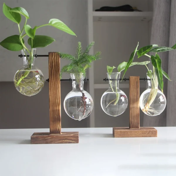 Creative Glass Desktop Planter Bulb Vase Wooden Stand Hydroponic Plant Container Decor Home Tabletop Decor Vases - Image 3