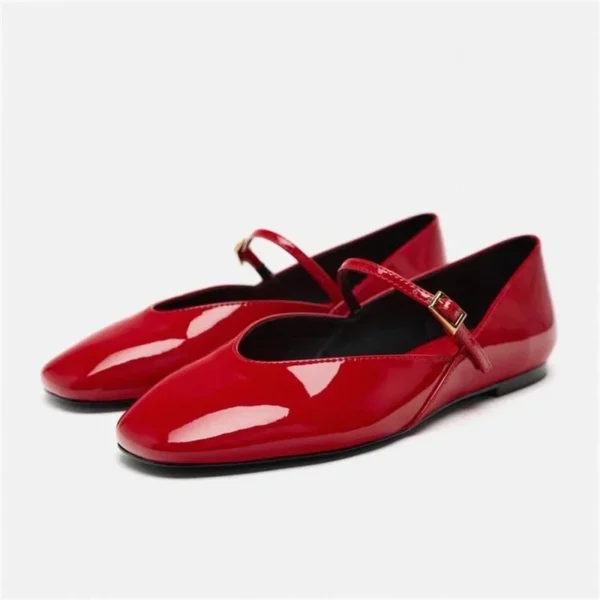 Woman Red Mary Jane Shoes 2024 Summer Chic Faux Patent Leather Flats Womens Fashion Round Toe Buckle Strap Single Shoes