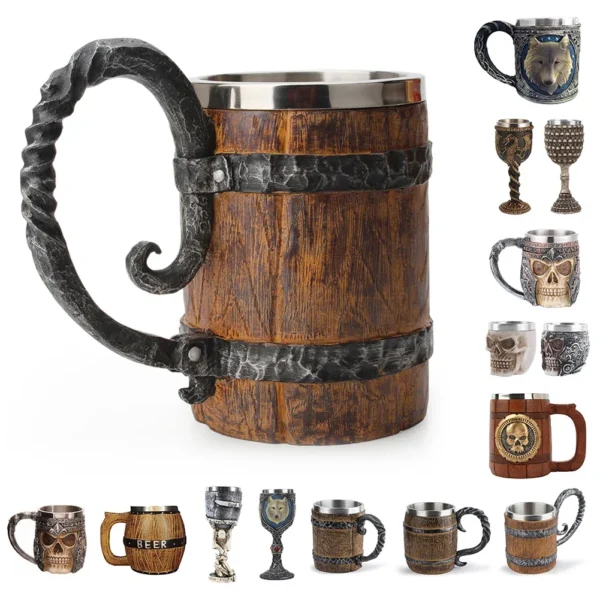 Viking Wood Style Beer Mug Simulation Wooden Barrel Beer Cup Double Wall Drinking Mug Metal Insulated 1PCS Bar Drinking ?ܧ??اܧ?