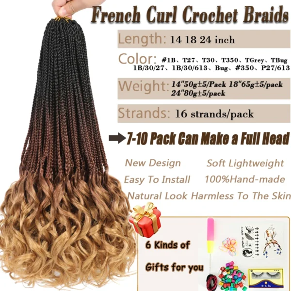 14 18 24 Inch French Curl Box Braids Crochet Hair Ombre Brown to Blonde Prelooped Synthetic French Curls Braiding Hair for Women - Image 2