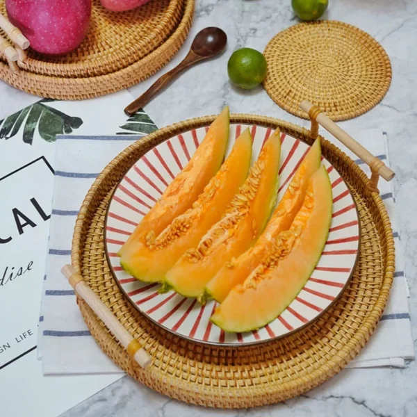 Rattan Tray Round Storage Basket Tray With Wooden Handle Bread Fruit Cake Food Plate Serving Tray for Home kitchen - Image 4