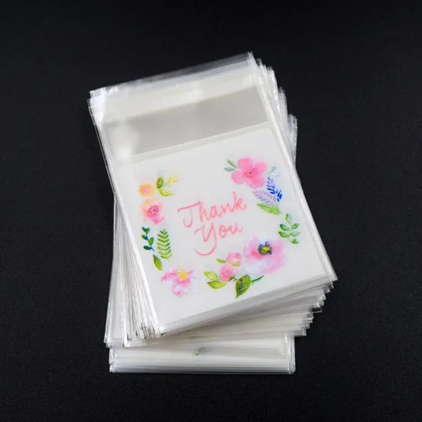 100pcs/lot Plastic Bags Thank you Flower Self-Adhesive Bags for Homemade Cookie Party Gifts Bag DIY Jewelry Packaging Bag