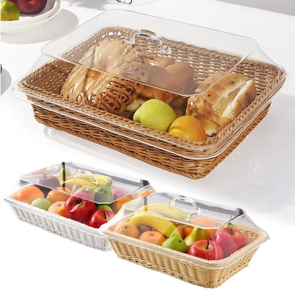 Wicker Bread Basket Serving Vegetable Bread Serving Lid Food Box Baskets With Acrylic Supplies Storage Kitchen Fruit Picnic O0T0 - Image 2