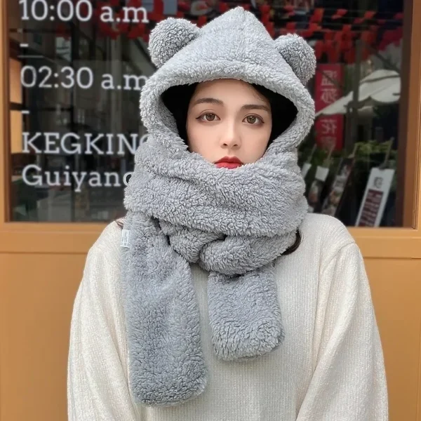 Fashion Winter Women Novelty Beanies Caps Warm Bear Ear Hat Casual Plush Hat Scarf Set Casual Solid Women Caps Present - Image 4