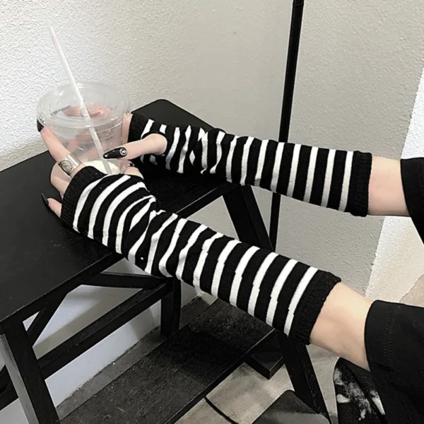 Winter Warm Long Sleeves Gloves for Man Women Fingerless Stripe Hip-Hop Knitted Elbow Mittens Elastic Outdoor Warmer Arm - Image 2