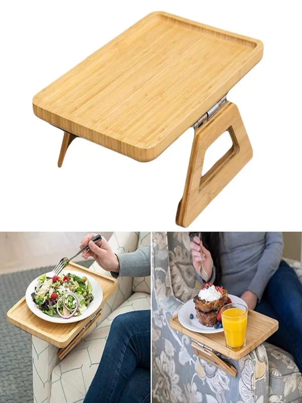 Collapsible Bamboo Wooden Couch Arm Table Clip on Sofa Armrest - Image 2