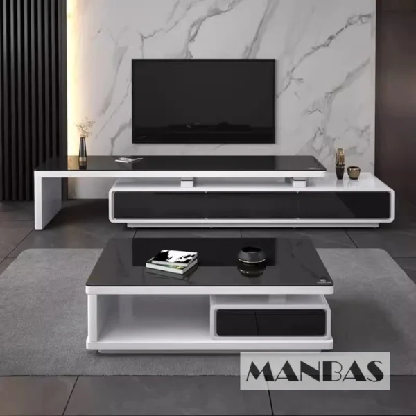 MANBAS Modern  Shiny White / Black TV Stand & Smart Coffee Table, TV Cabinet & Center Table for Living Room Home Furniture - Image 2