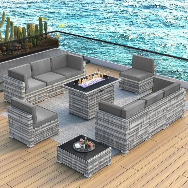 8/10 Piece Patio Furniture Set with Fire Pit Table, Outdoor Conversation Sets Wicker Rattan Sectional Sofa with Coffee Table