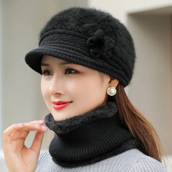 New Women Winter Hat Keep Warm Cap Add Fur Lined Hat & Scarf Warm Set Fashion Hat For Women Casual Faux Fur Flower Knitted Hat - Image 2