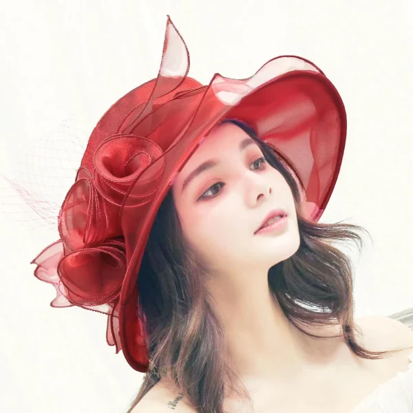 1Pc Elegant Flower Lady Hat Summer Organza Wide Brim Sunscreen Kentucky Derby Hats For Women Church Wedding Beach Sun Cap - Image 4