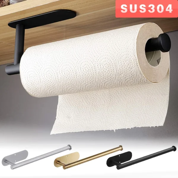 Stainless Steel Paper Towel Holder Adhesive Toilet Roll Paper Holder No Hole Punch Kitchen Bathroom Toilet Lengthen Storage Rack