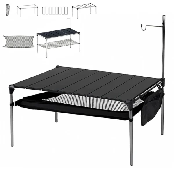 Camping Aluminum Alloy Table Folding Compact Beach Table with Large Storage Organizer Carrying Bags Ultralight with Light Pole