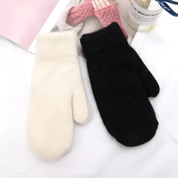 Women Winter Keep Warm Plus Cashmere Solid Color Woolen Elasticity Soft Full Fingers Mittens Girls Black Fur Knitted Cute Gloves - Image 3