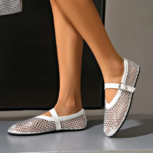 Luxury Crystal Rhinestone Fishnet Ballet Flats Woman Brand Design Rivet Studs Mesh Mary Jane Shoes Ladies Summer Cut Out Loafers - Image 2