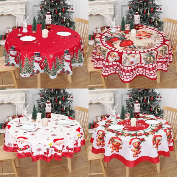 Christmas Polyester Round Tablecloth 2024 Merry Christmas Decoration For Home Xmas Gift Navidad New Year Dining Table Cover - Image 3