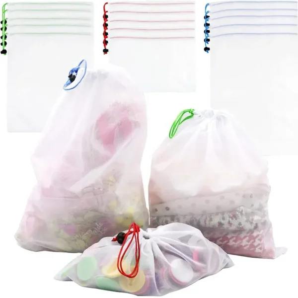 3Pcs Mesh Storage Bags Transparent Reusable Fruit Vegetable Bags Net Pocket Produce Washable Mesh Bags Kitchen Storage Baskets