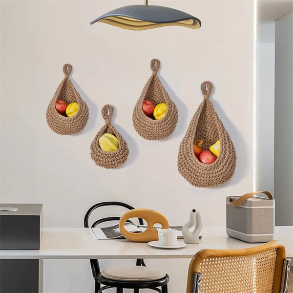 1PC Hand-woven Basket Wall Kitchen Hanging Net Pocket Cotton Rope Water Drop Fruit Vegetable Storage Basket Home Organizer Tools - Image 4