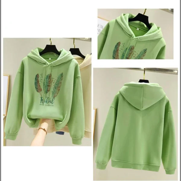 Women Fashion Feather Printed Hoodies Autumn Winter Plus Velvet Casual Loose Sweatshirt - Image 4