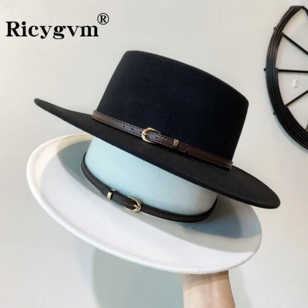 Women Fedora Chic Belt Buckle Decorated Flap Brim Felt Hat Retro British Jazz Casquette Winter Autumn Wool Warm Boater Cap gorra