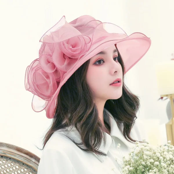 1Pc Elegant Flower Lady Hat Summer Organza Wide Brim Sunscreen Kentucky Derby Hats For Women Church Wedding Beach Sun Cap - Image 3