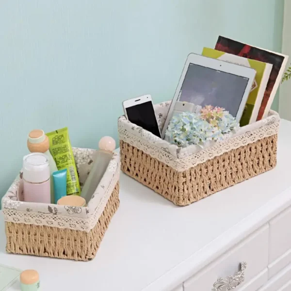 Storage Basket Eco-friendly Wear Resistant Fabric Anti-deform Rattan Organizer Case Handmade Straw Snacks Fruit Debris For Home - Image 2