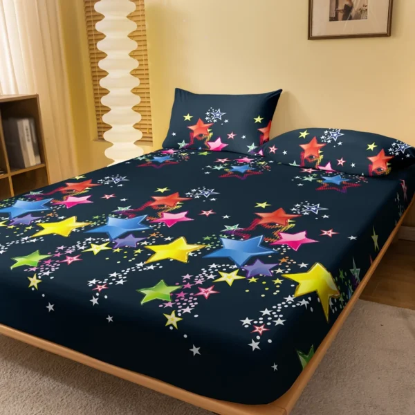 1 piece of matte bedsheet with scattered patterns of colorful stars, bedroom printed bedspread, bedding (excluding pillowcases)