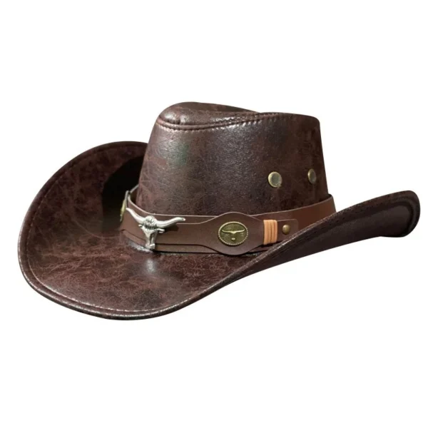 Western Cowboy Hat Ox Head Belt Rivet Fedora Hat for Men Women Outdoor Travel Wide Brim Sun Hat Faux Leather Panama Cowgirl Hat - Image 6