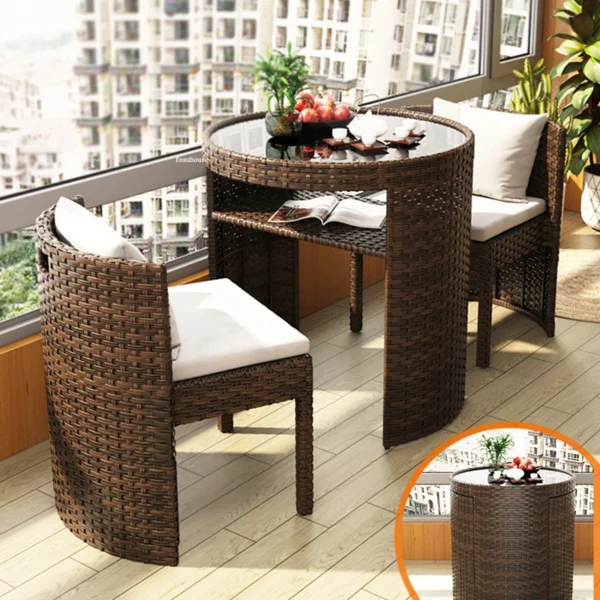 Rattan Garden Furniture Sets Balcony Home Table Chairs Outdoor Patio Combination Storage Leisure Table and Chair Three-piece Set - Image 2