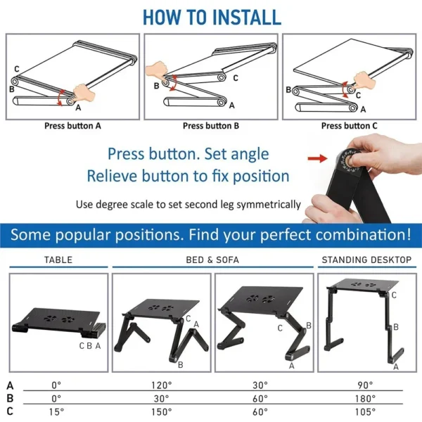 Adjustable Laptop Desk Stand Cooler fan Portable Ergonomic Lapdesk For Bed Sofa PC Notebook Table Desk With Mouse Pad Aluminum - Image 6