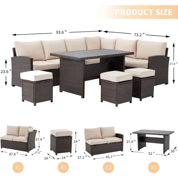 7 Pieces Patio Furniture Set, Outdoor Sectional Sofa Conversation Set, All Weather Wicker Rattan Couch Dining Table & Chair - Image 2