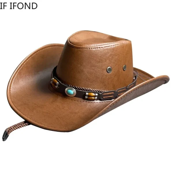 New Faux Leather Western Cowboy Hats For Women Men Vintage Gentleman Dress Hats Panama Cowgirl Jazz Cap Sombrero Hombre - Image 3