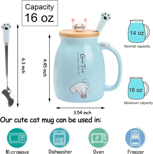 Kawaii Tea Cup Cute Cat Ceramic Coffee Mug with Kitty Lid and Spoon Japanese style Novelty Gifts for Women Cat lover Gifts 16oz - Image 4