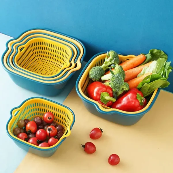 Kitchen Drain Basket 6-Piece Set Double Layered Household Vegetable Washing Basket Multifunctional Plastic Fruit Basin - Image 2