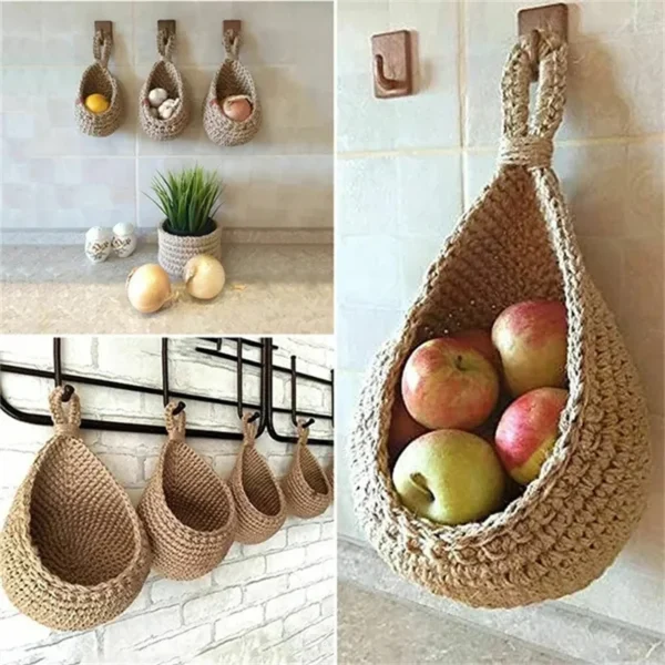 XS-XXL Wall-mounted Sundries Storage Bag Hanging Wall Vegetable Fruit Baskets Organize Bag Jute Eco Teardrop Kitchen Organizer - Image 2