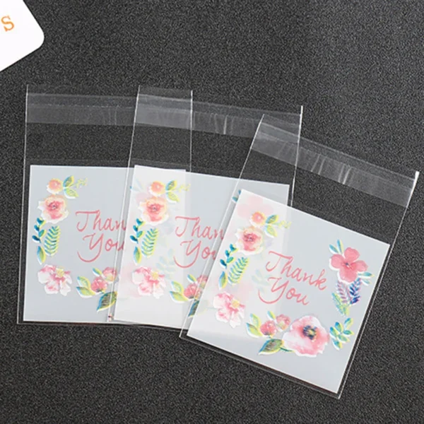 100pcs/lot Plastic Bags Thank you Flower Self-Adhesive Bags for Homemade Cookie Party Gifts Bag DIY Jewelry Packaging Bag - Image 3