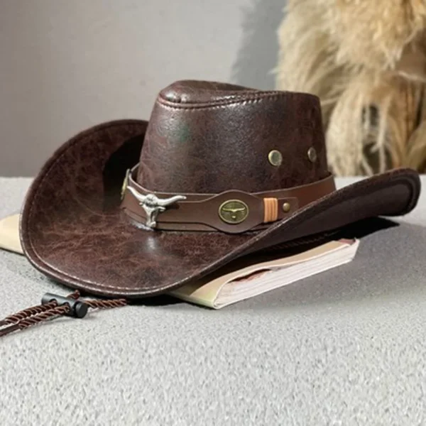 Western Cowboy Hat Ox Head Belt Rivet Fedora Hat for Men Women Outdoor Travel Wide Brim Sun Hat Faux Leather Panama Cowgirl Hat - Image 4