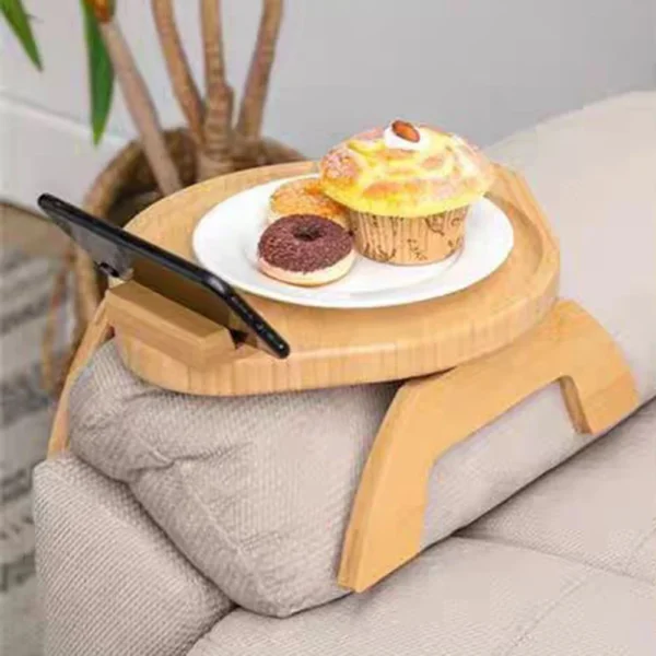 Bamboo and wood sofa armrest tray fruit Dim sum tray with mobile phone support small tray for home snacks tea table storage rack - Image 2