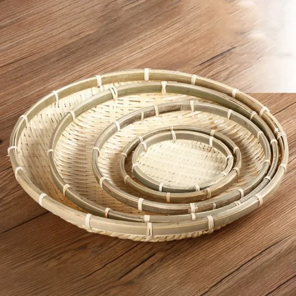 13/15/22/26/30cm Handmade Weaving Bamboo Basket Round Drain Water Sieve Raft Dustpan DIY Rice Fruit Bread Kitchen Storage Basket